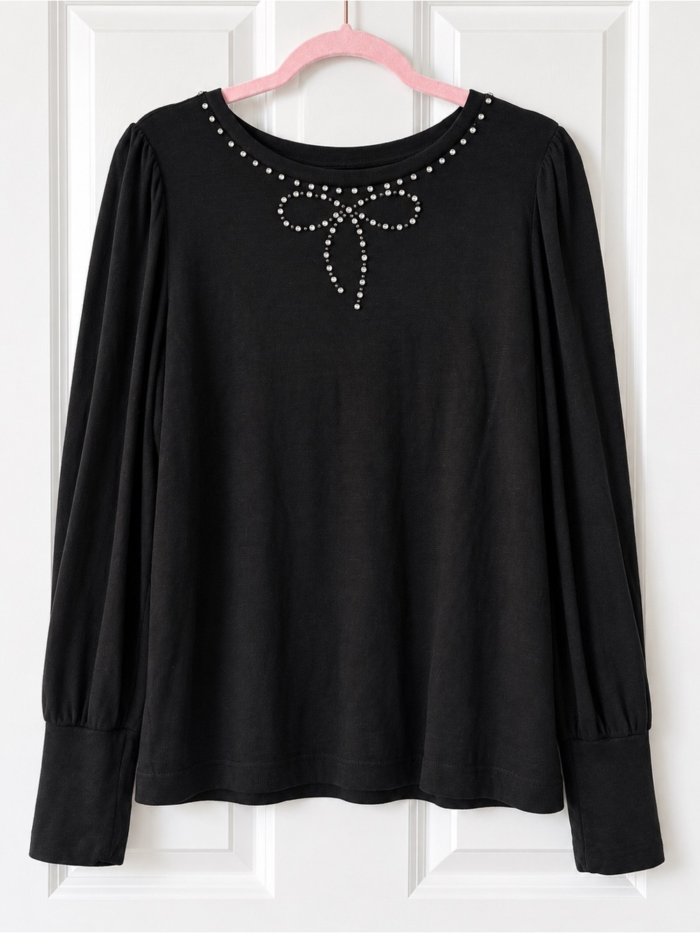 LOFT Black Rhinestone Bow Puff Sleeve Top Women’s XL